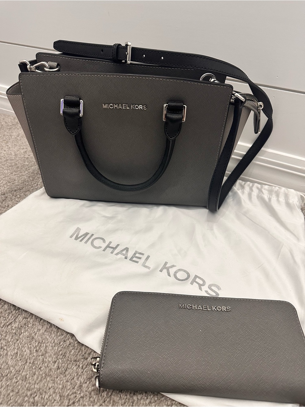 Michael Kors Two-Tone Gray Leather Satchel with Wallet